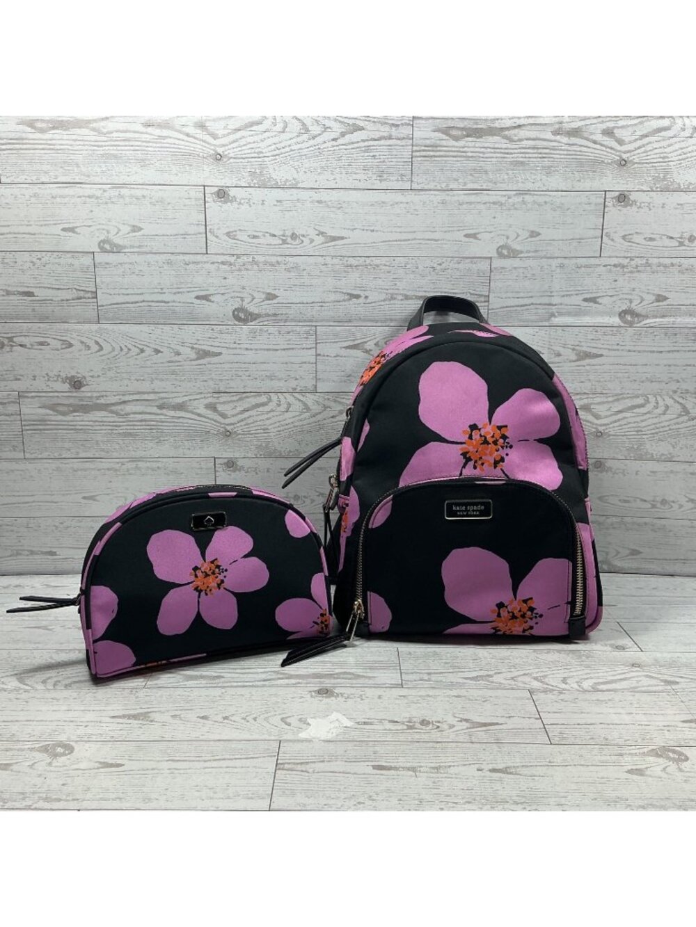 Kate Spade Dawn Grand Floral Medium Backpack Black Pink W/ matching clutch